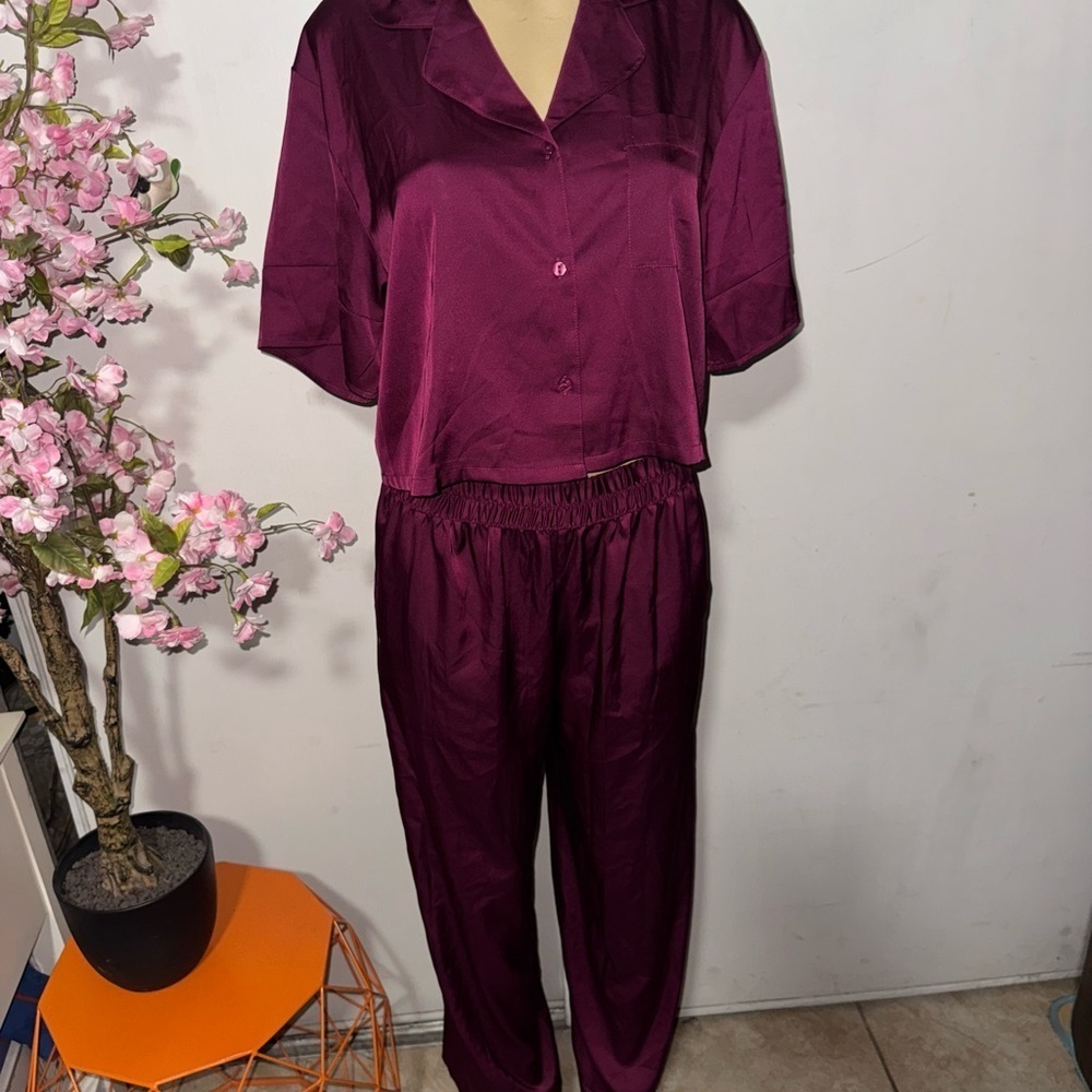 Purple Satin Pajama Set with V-Neck and Full-Length Pants